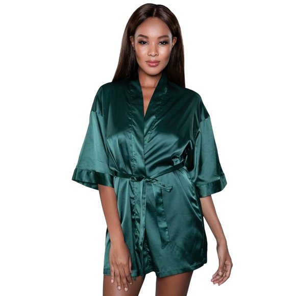 Getting Ready Short Satin Robe - Forest Green - Picture 1 of 4